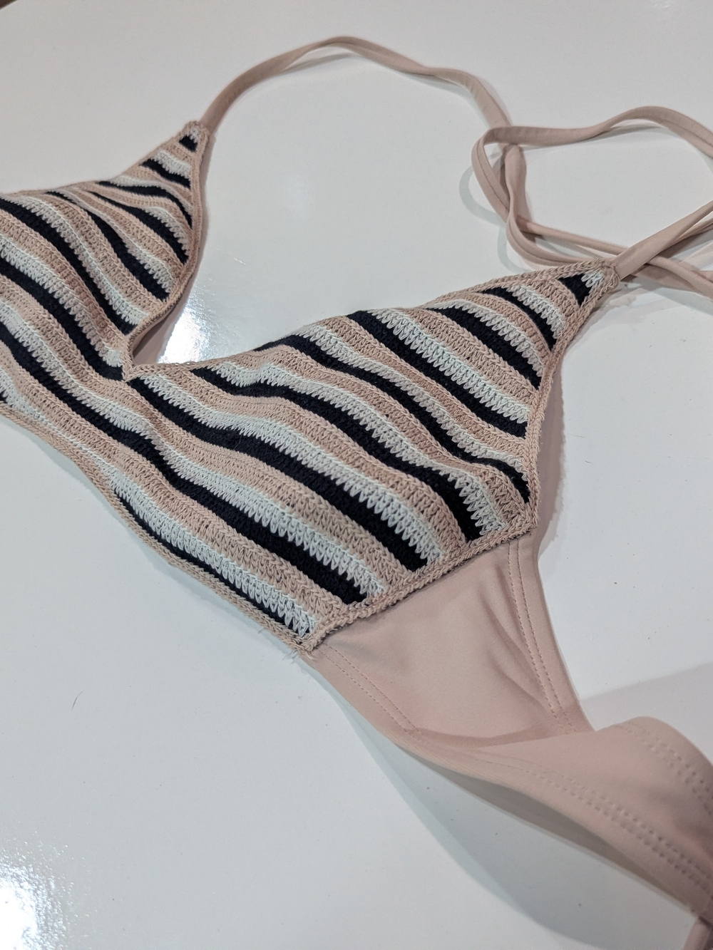 wild fable Striped Crochet Triangle Bikini Top - Nude, Black & Cream